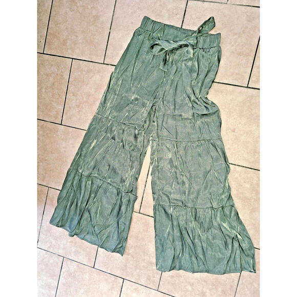 NEW Bohemian Wide Bell Bottom Pants Tie Front, Size M Gypsy Trousers Harem Green - Picture 3 of 9